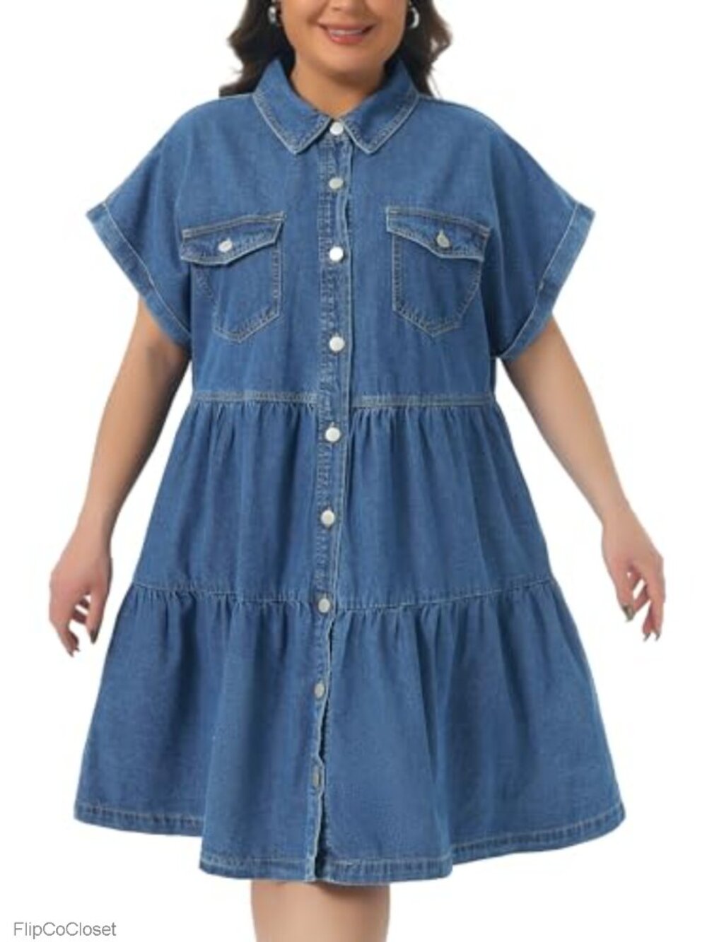 Plus Size Denim Babydoll Dress Button Down Tiered Pockets Swing